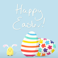 Happy Easter Card with Eggs and a Chick wearing Bunny Ears