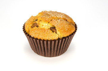 Choc chip muffin on white background