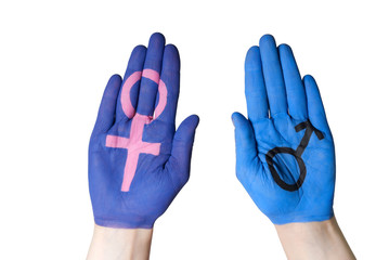 male and female gender symbols painted on hands