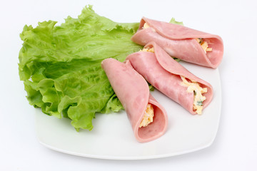 Sausage and salad on white plate