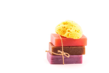 Bricks of handmade soap with natural sea sponge. SPA concept.