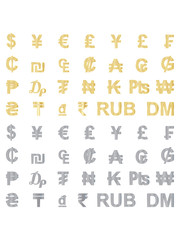 set of golden and metallic currency signs