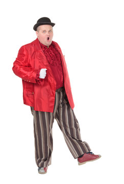 Obese man in a red costume and bowler hat