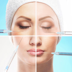 A collage of parts of a female face on a botox procedure