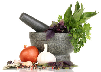 Set of ingredients and spice for cooking isolated on white