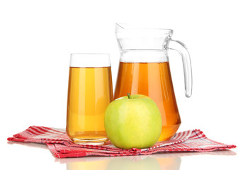 Full glass and jug of apple juice and apples isolted on white