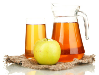 Full glass and jug of apple juice and apple isolted on white