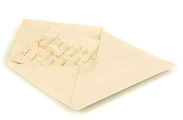 Open old envelope with letter isolated on white