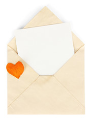 Old envelope with blank paper isolated on white