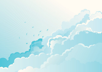 background with flying Swallows on cloudy sky.