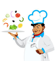 Funny happy Chef and vegetarian vegetable salad