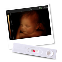 Baby like 3D ultrasound  and pregnancy test.