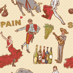 Spain seamless repeating pattern with spanish symbols