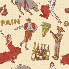 Abwaschbare Fototapete Doodle Spanien nahtloses sich wiederholendes Muster mit spanischen Symbolen