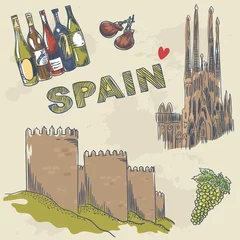 Papier Peint photo Doodle Collection de sites touristiques et d& 39 objets espagnols dessinés à la main