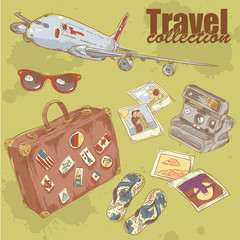 Travel objects collection with plane, suitcase and photo