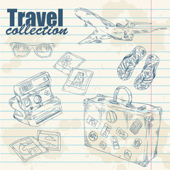 Travel objects lineart on notebook paper splatter background
