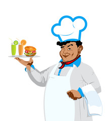 Funny Chef with hamburger and fresh fruit juice.Vector