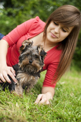 Yorkshire terrier puppy with young woman
