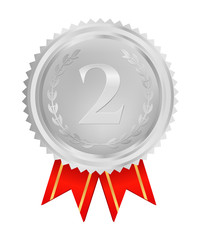 Isolated Silver medal of Second place with red ribbons. Vector