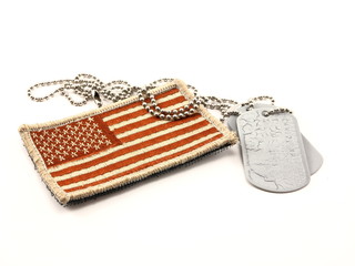 Camouflage Military American Flag patch and dog tags