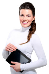 Young beautiful happy business woman with tablet