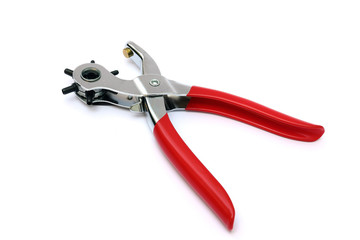 Punching plier with red handle on white background