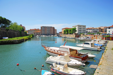 Italy, downtown Livorno, boats at Venice district