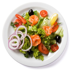 Salad with salmon served on white plate