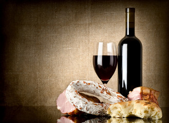 Wine and sausage, bread