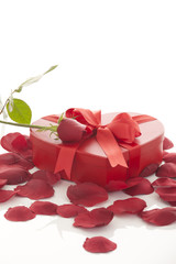 Valentines Day gift in red box with rose petal 