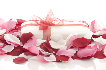 Valentines Day gift in red box with rose petal 