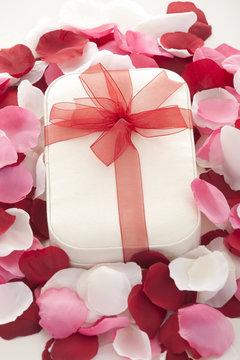 Valentines Day gift in red box with rose petal 