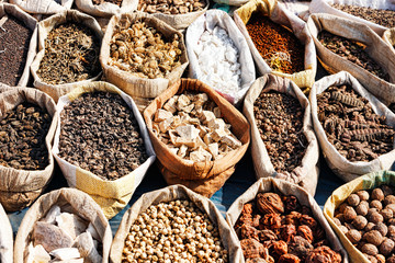 Variety of spices in local market in Pushkar