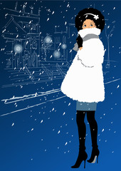 Young girl in a white fur coat in the snow
