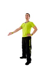 Young male fitness instructor on white isolated background