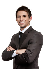 Young handsome man in black suit, isolated on white background
