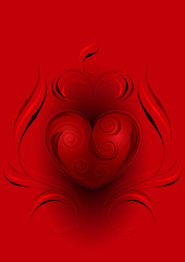 Red heart with the decor   on a red background