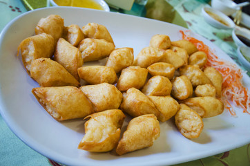 Fried dumplings served on white plate