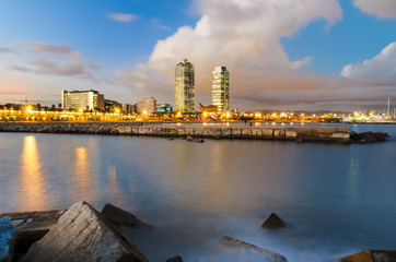 Coastline of Barcelona at sunset, Spain