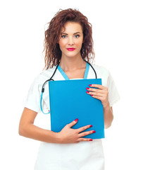 Beautiful young female doctor with stethoscope and folder