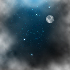 Space background with bright stars and moon.