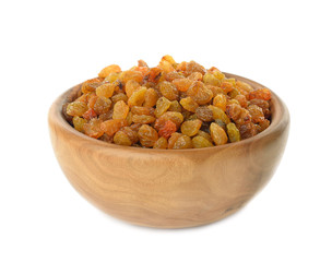 Raisins in a wooden bowl on a white background