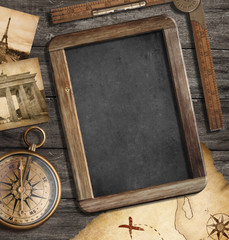 Vintage treasure map, blackboard with copyspace, old compass sti