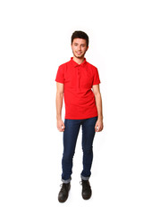 Fototapeta premium Portrait of young man in a red T-shirt isolated on white