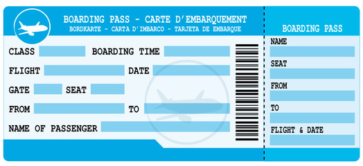 Boarding pass. Blue flight coupon. - obrazy, fototapety, plakaty