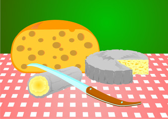 Three cheeses and a knife, ready for tasting