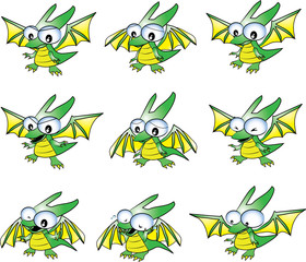 Fototapeta na wymiar baby green dragon in many emotions; sad, happy, cry, angry