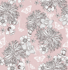 Seamless floral pattern. Background with flowers and butterflies