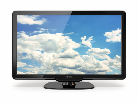 High Definition TV with cloud sky on screen.